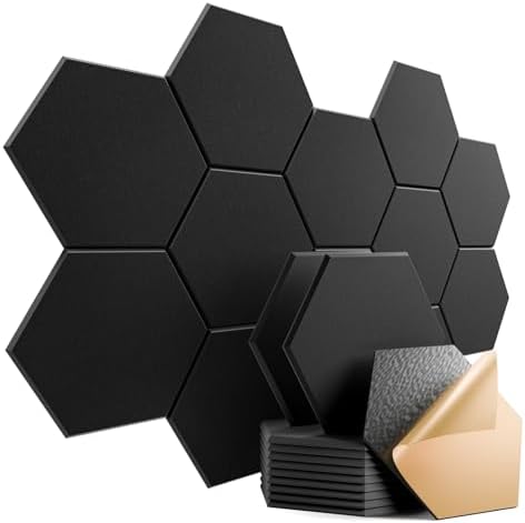12 Pack Self-adhesive Acoustic Panels 12" X 10" X 0.4" - Sound Proof Foam Panels with High Density, Stylish Hexagonal Design, Flame Resistant, Absorb Noise and Eliminate Echoes(Black)