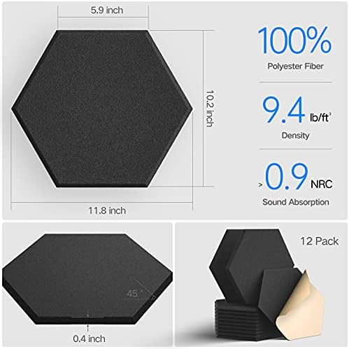 12 Pack Self-adhesive Acoustic Panels 12" X 10" X 0.4" - Sound Proof Foam Panels with High Density, Stylish Hexagonal Design, Flame Resistant, Absorb Noise and Eliminate Echoes(Black) - Image 3